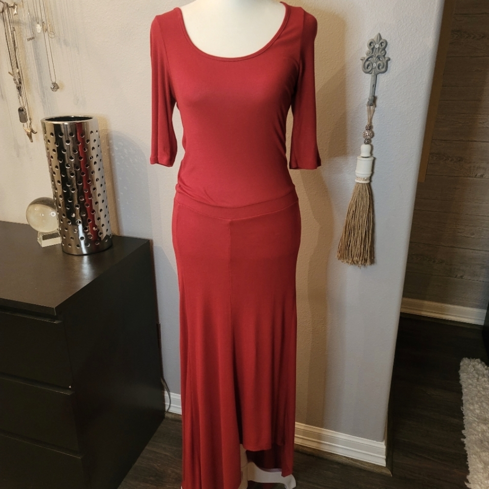 Anthropologie Bordeaux Red Knit Maxi Dress, Asymmetrical Hem in Front